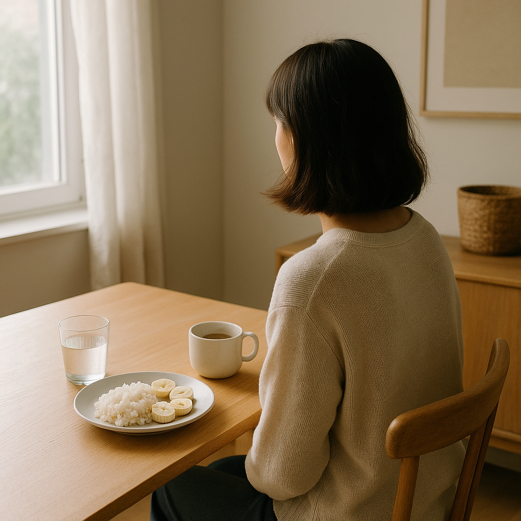 IBS és IBD közötti különbség - nyugodt környezetben ülő nő, az emésztési tünetek mögötti felismerések szemléltetése.