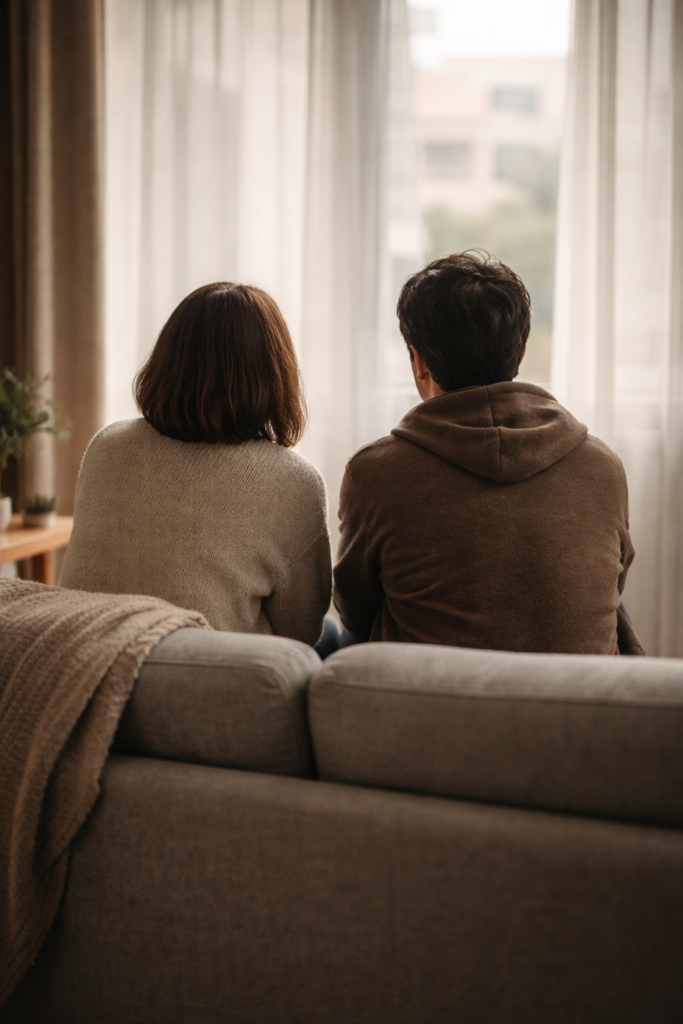 Két ember csendben egymás mellett ül, támogatást és jelenlétet kifejezve
– testvéri tapasztalat IBS és testi jelzések kapcsán.