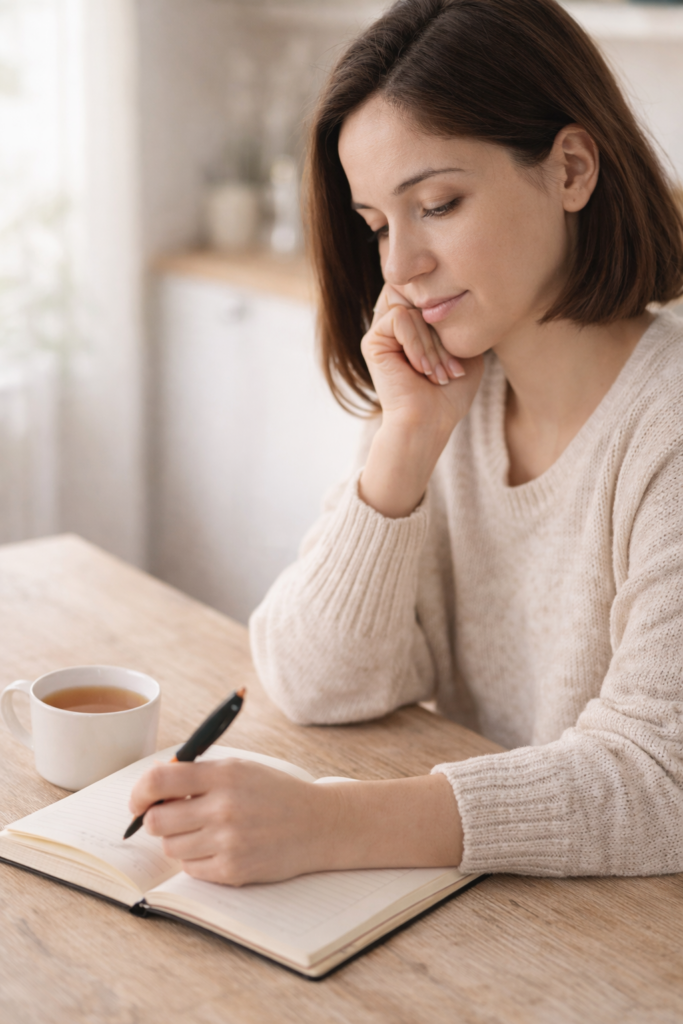 Fiatal nő ül nyugodt testtartásban, emésztési érzékenységre és IBS-re utaló, elgondolkodó hangulatban.