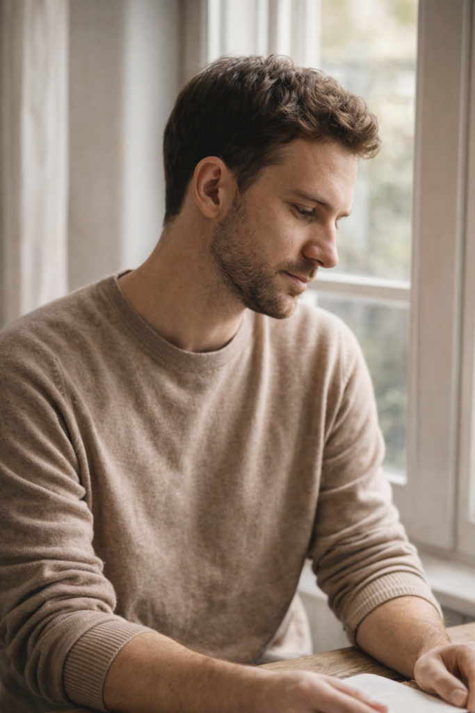 Férfi csendben ül, befelé figyel, testi jelzésekre és belső feszültségre reflektálva – test és lélek kapcsolata IBS és érzékeny emésztésnél.