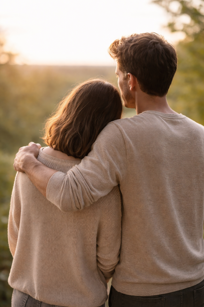 Fiatal pár egymás mellett áll, támogató közelségben; IBS és bélérzékenység mellett a lelki teher és a társas támogatás fontosságát jelképezi.
