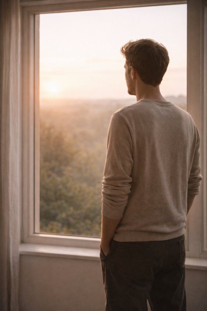 Fiatal férfi az ablaknál áll csendben, elgondolkodva – testi jelzések, IBS-tünetek és önmegfigyelés témájú cikkhez illusztráció.