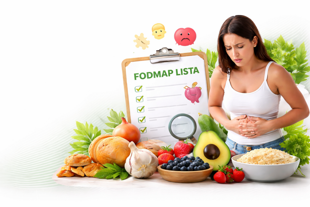 FODMAP lista IBS-hez – alacsony FODMAP ételek és emésztési panaszokat jelző hasi fájdalom illusztrációja