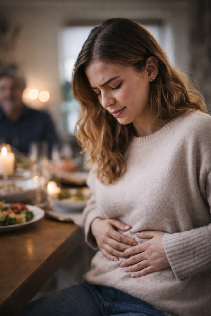 Fiatal nő étteremben hasát fogva enyhe hasi fájdalommal – puffadás és IBS tünetek étkezés után, FODMAP étrend témában