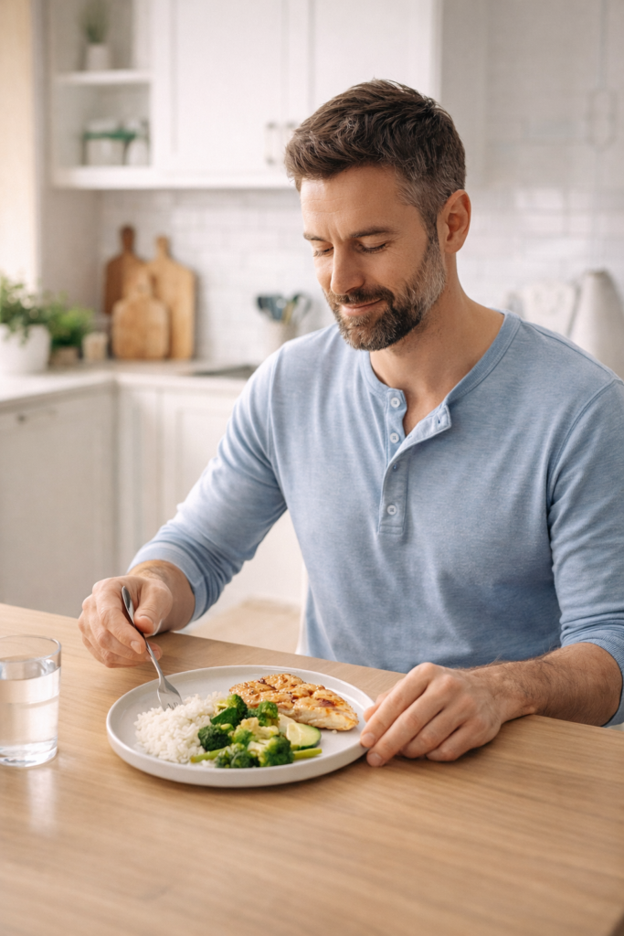 Férfi alacsony FODMAP étrendnek megfelelő ételt fogyaszt nyugodt környezetben – gyakorlati FODMAP étrend IBS-sel