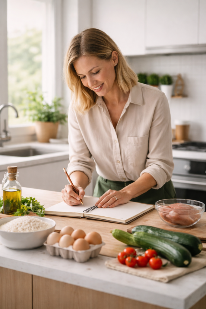 Nő alacsony FODMAP étrendet tervez konyhában jegyzetfüzettel és alapanyagokkal – IBS esetén tudatos étkezési kezdés.