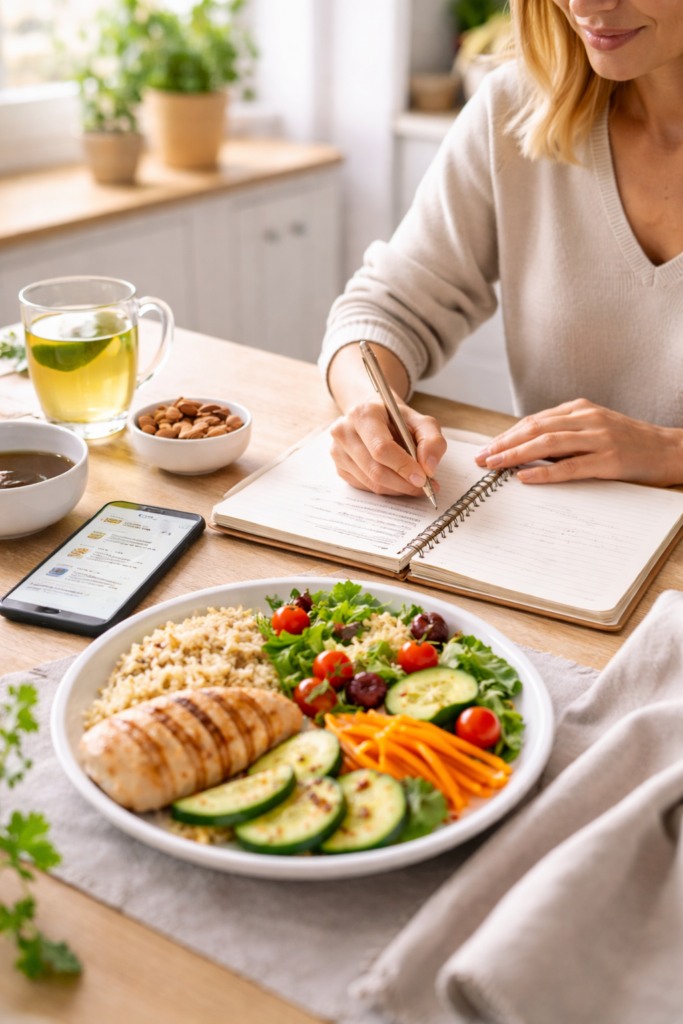 FODMAP diéta elkezdése: nő jegyzetfüzetbe ír egy konyhaasztalnál, előtte alacsony FODMAP étkezés csirkével, rizzsel és zöldségekkel, tudatos étrendtervezés IBS-sel.