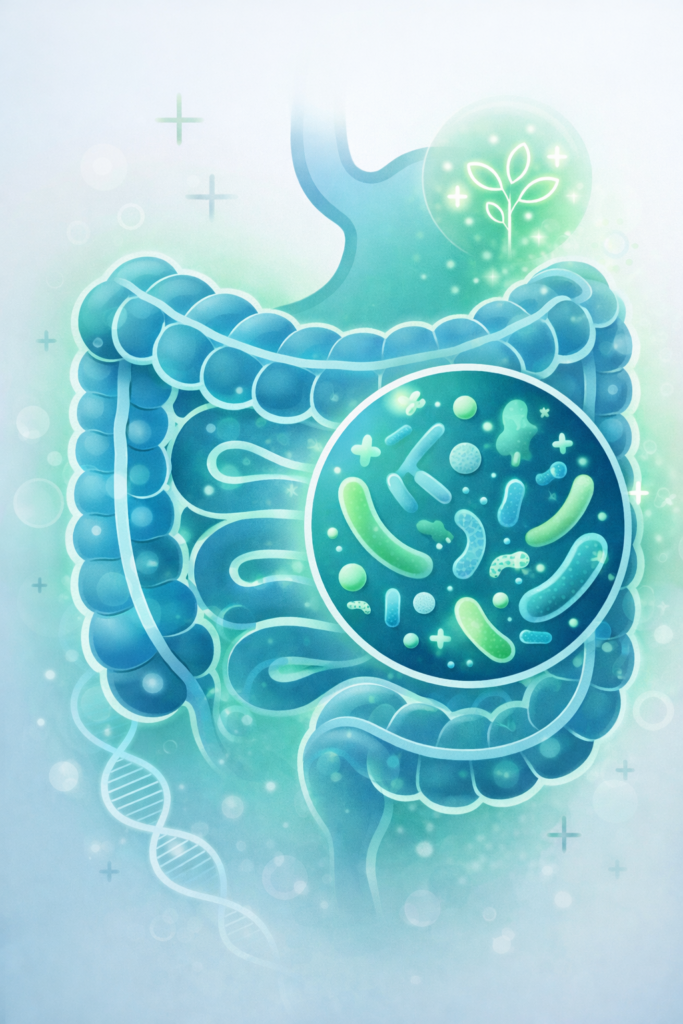 Stilizált bélrendszer és mikrobiom ábra kék-zöld színekben – FODMAP diéta és bélflóra egyensúly IBS-nél.