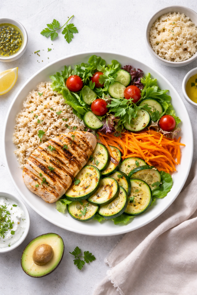 Alacsony FODMAP étrend IBS-nél: grillezett csirke, rizs, cukkini, répa és friss saláta egy tányéron, kiegyensúlyozott, könnyen emészthető étkezés bemutatása.