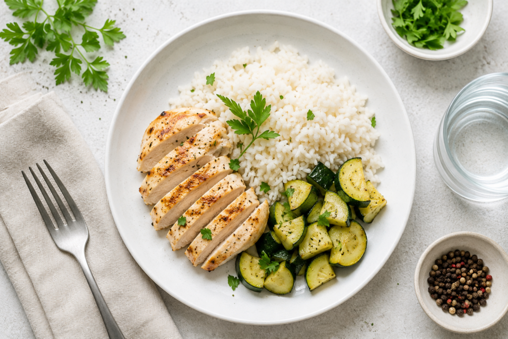 Mit egyél SIBO esetén? Alacsony FODMAP étrend csirkével, rizzsel és cukkinivel – kímélő ételek puffadás és emésztési problémák esetén.
